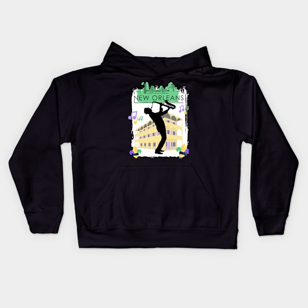 Green New Orleans Louisiana Mardi Gras City Skyline Music Jazz Travel holidays Kids Hoodie by BoogieCreates